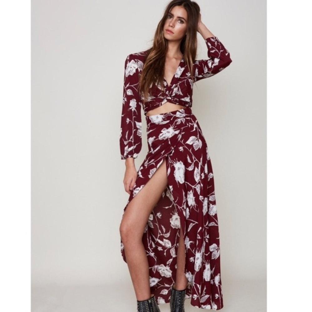 Flynn Skye Wrap It Up Maroon Floral Maxi Skirt S